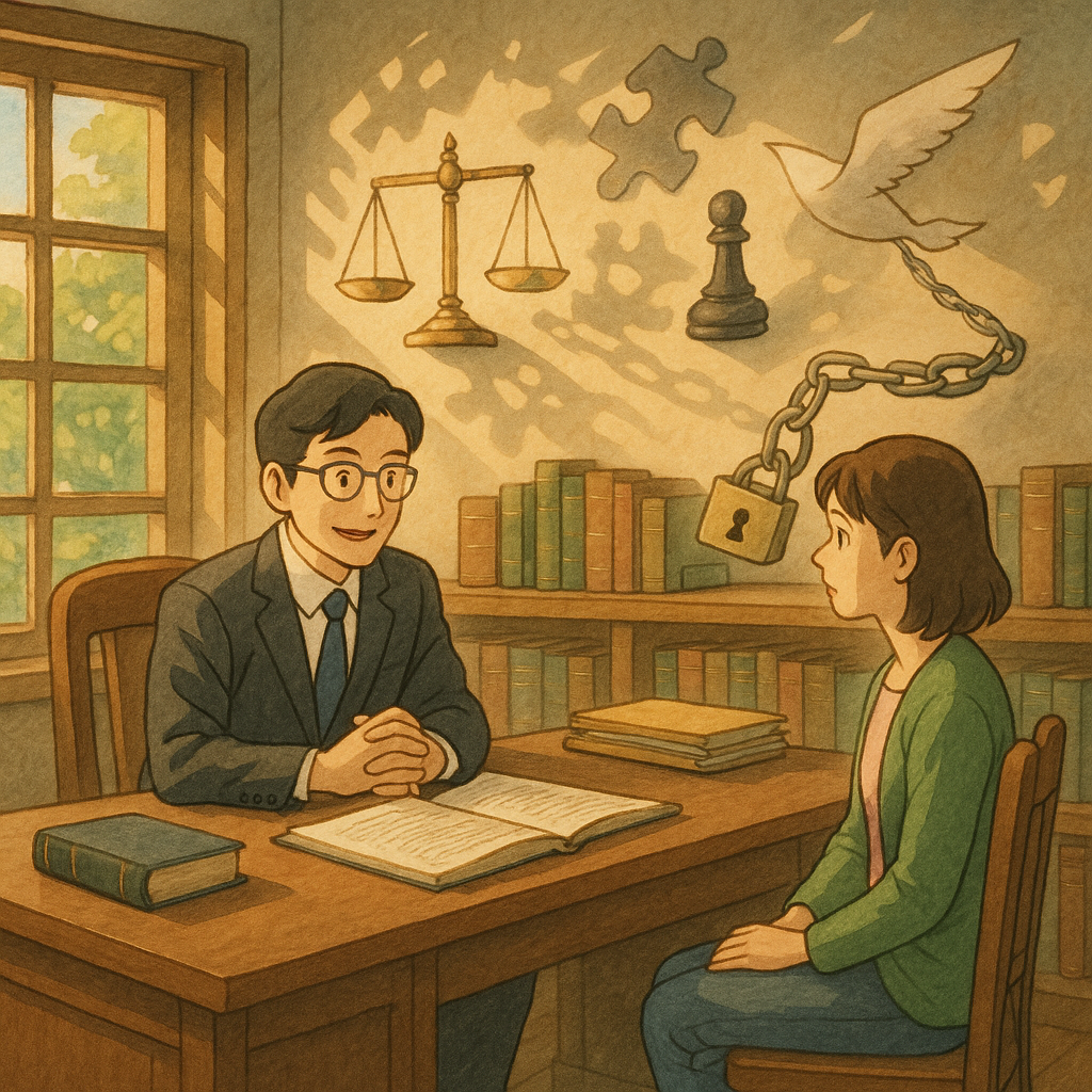 吉卜力式溫暖自然光下,台灣律師與當事人在木質書房諮詢;空中漂浮天秤、棋子與拼圖光影,卷宗化作飛鳥連結契約鎖鏈,象徵背信罪的實務攻防與案例脈絡,細膩手繪質感。