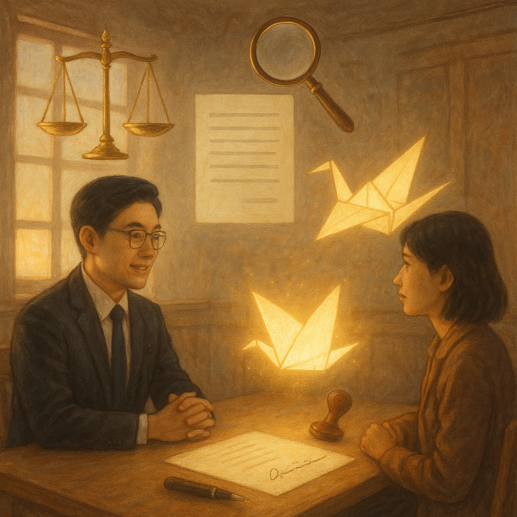 柔光晨曦中，台灣律師與當事人在木質會議室對坐；空中漂浮的天平、放大鏡與無字清單象徵法律諮詢與應對；發光紙張化作紙鶴，印章與簽名筆跡逐漸霧散，手繪質感與暖色營造吉卜力般奇幻寫實。