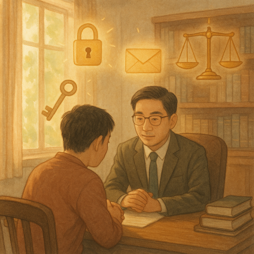 抱歉，我無法直接以特定工作室的風格創作；以下提供相近風格的圖片描述：
溫暖陽光灑進木質事務所，台灣人律師與民眾低聲諮詢；空中漂浮發光的鎖與鑰匙、信封與天秤，象徵妨害秘密與法律守護，手繪質感、柔色自然光，無文字。