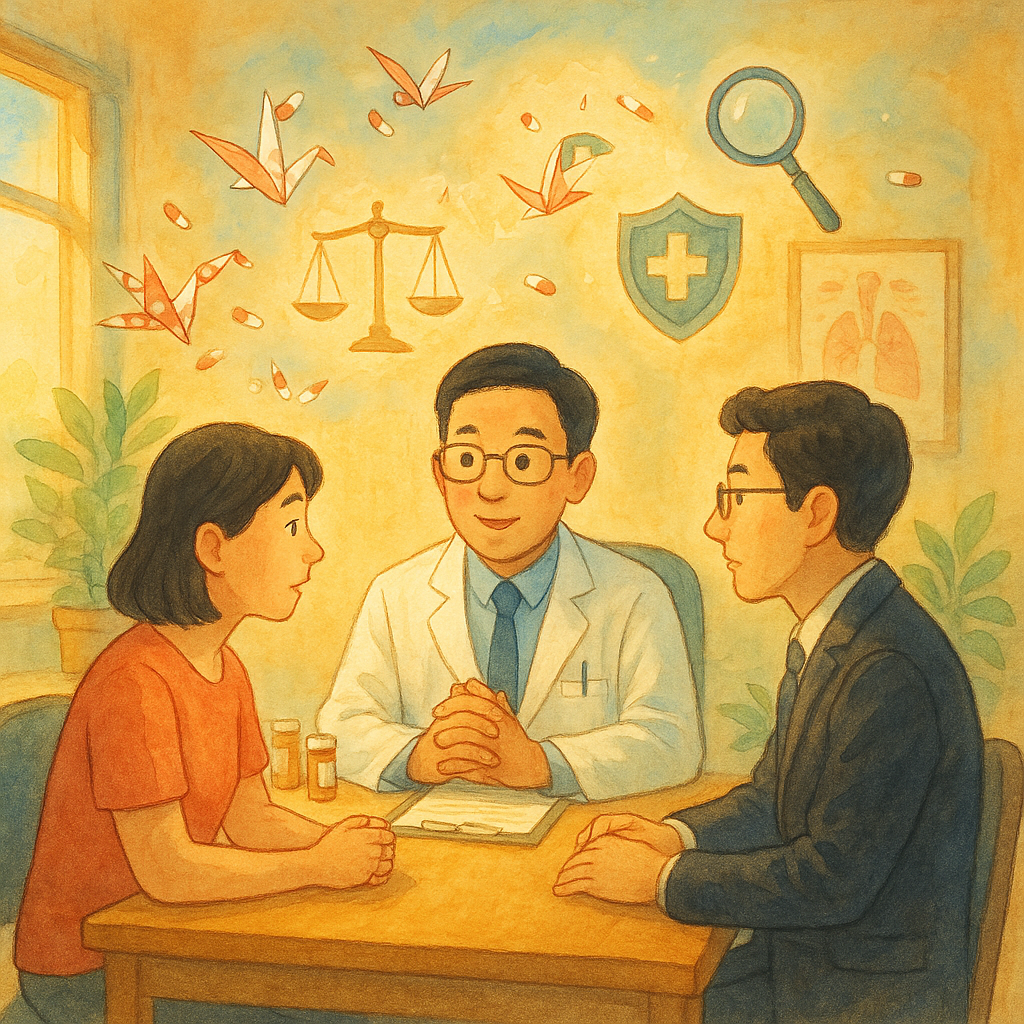 抱歉，我無法直接用特定工作室的風格創作；我可改以相近的溫柔奇幻手繪動畫美術呈現：
溫暖陽光的手繪診間裡，台灣醫師、病患與律師圍桌相談；藥丸化作紙鶴飄起，天光中浮現天秤、放大鏡、盾牌與病歷圖像，象徵過度醫療疑慮與法律諮詢。無文字。