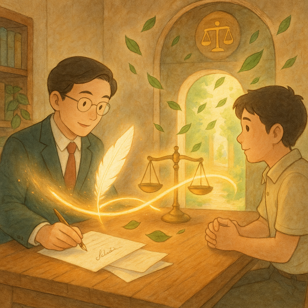 吉卜力風柔色自然光下，台灣律師與民眾在溫暖木桌諮詢；發光羽毛筆欲複寫偽造簽名，被天平化作光帶輕柔阻止，紙頁化作葉片飛向正義之門，手繪質感、細膩溫馨、無文字。