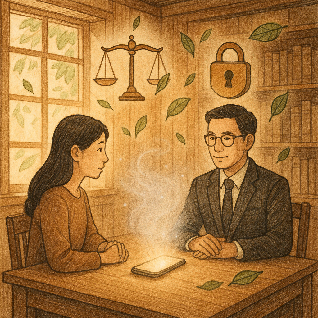 暖陽灑入手繪木質事務所，台灣女性當事人與台灣男性律師對坐，桌上手機泛起柔光，朦朧屏障遮掩私密影像；天平、鎖與樹葉化作漂浮符號環繞，兼具溫暖與魔幻的法律守護結語。