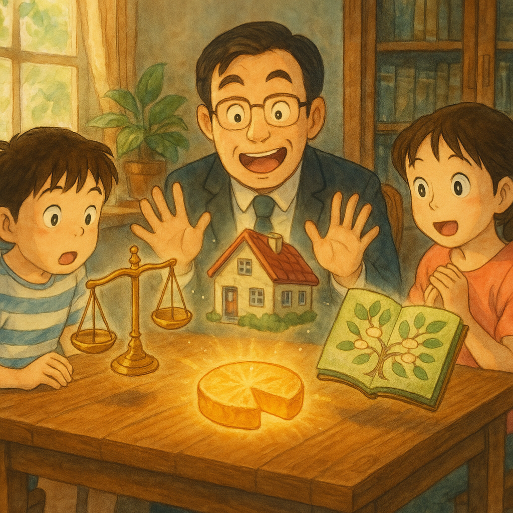 吉卜力風溫暖場景：台灣兄妹與專業律師表情豐富圍坐木桌，自然柔光灑落；桌上漂浮天平、家屋與樹葉家譜、發光餅形切片象徵特留分；手繪質感，細節豐富，魔幻與寫實交織，無文字。