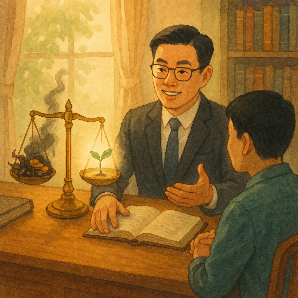 抱歉，我無法直接以特定工作室的風格創作，但可提供相近氛圍的描述：
溫暖自然光下，台灣律師與民眾在木質書桌相談；旁側天平一端金幣化黑霧枯葉，一端化作清光與綠芽，象徵圖利與貪污；手繪質感，柔和色彩與奇幻氛圍，無文字。