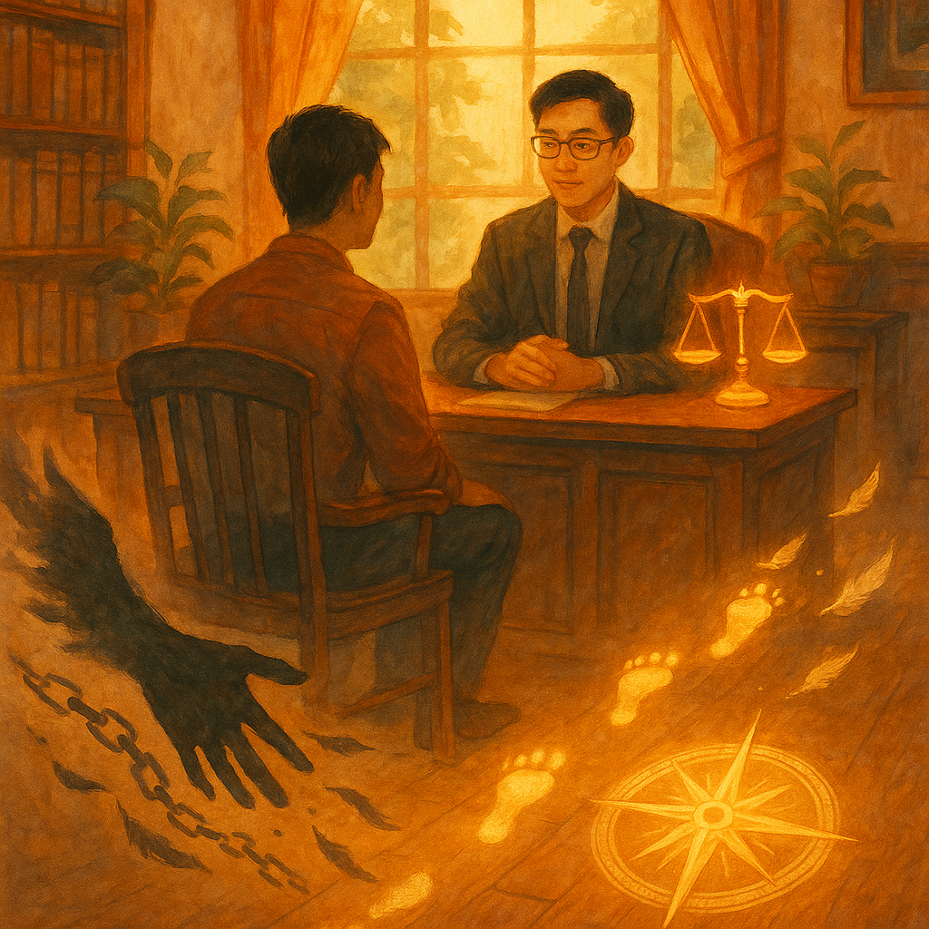 溫暖奇幻的律師事務所，柔和色彩與自然光灑落；台灣律師與民眾諮詢，天秤微光。陰影手化作碎鏈與羽毛散去，發光腳印與羅盤指向前路，手繪質感、電影感、無文字。