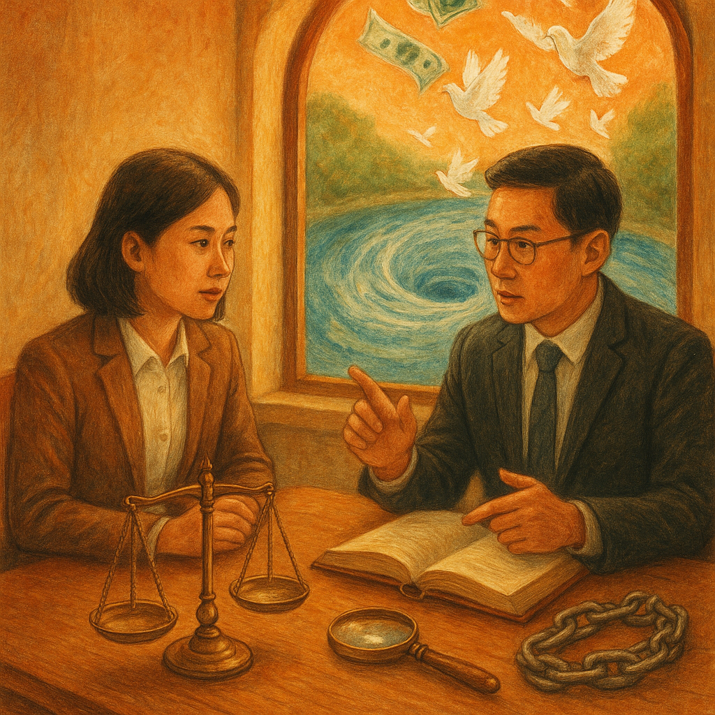 暖色手繪、溫暖奇幻的場景中,兩位台灣律師在窗邊商談,表情專注;桌上天秤、放大鏡與鎖鍊。窗外河水如洗衣槽旋流,夾帶鈔票化作白鴿飛起,象徵洗錢揭露與淨化,柔和自然光、細膩質感,畫面無文字。