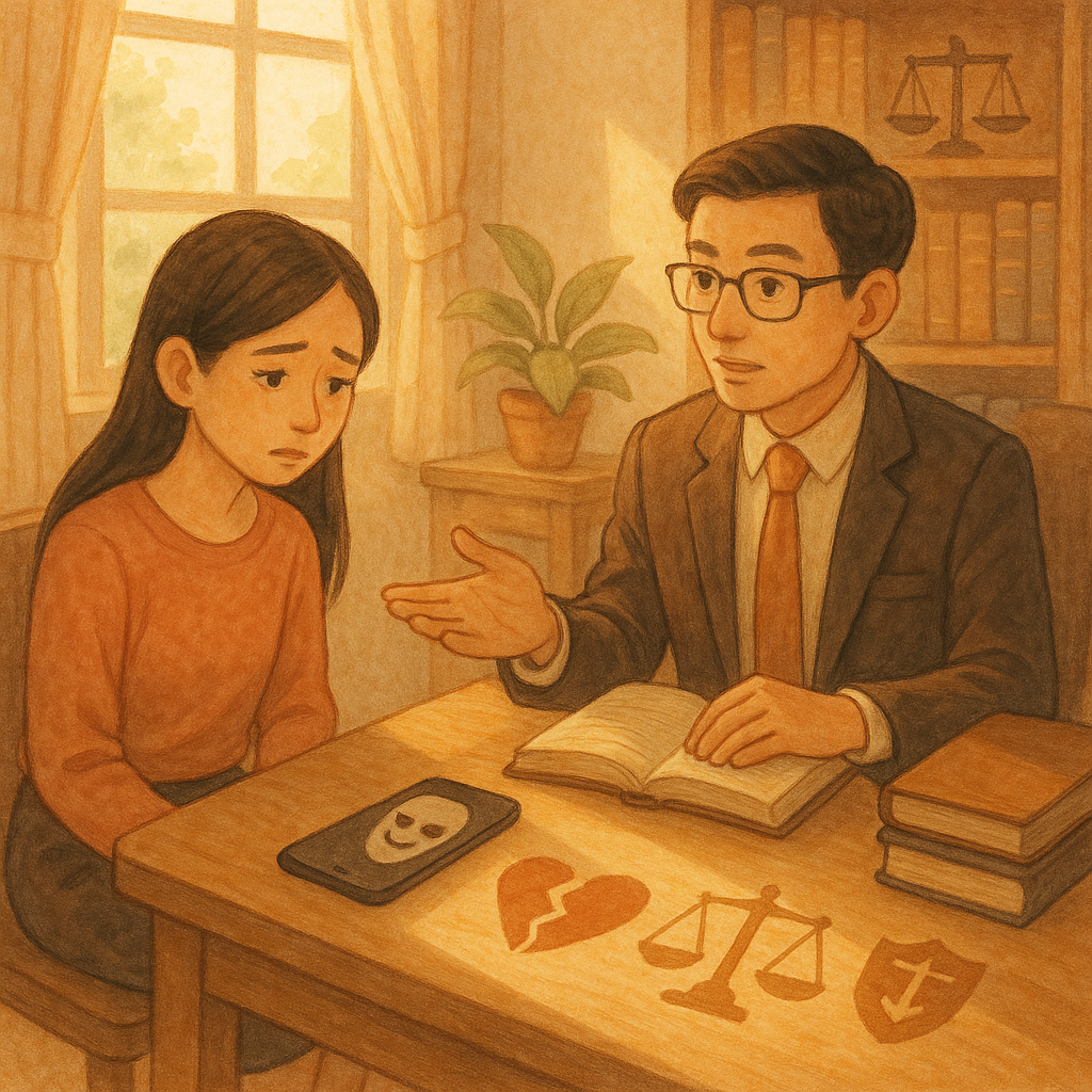 溫暖手繪風律師事務所內，一位台灣女受害者與台灣律師對談；窗光灑落，桌上手機投映出戴面具的影子、破碎愛心與盾牌、天平等象徵，柔和色調與手繪質感、童話般電影氛圍，畫面無文字。