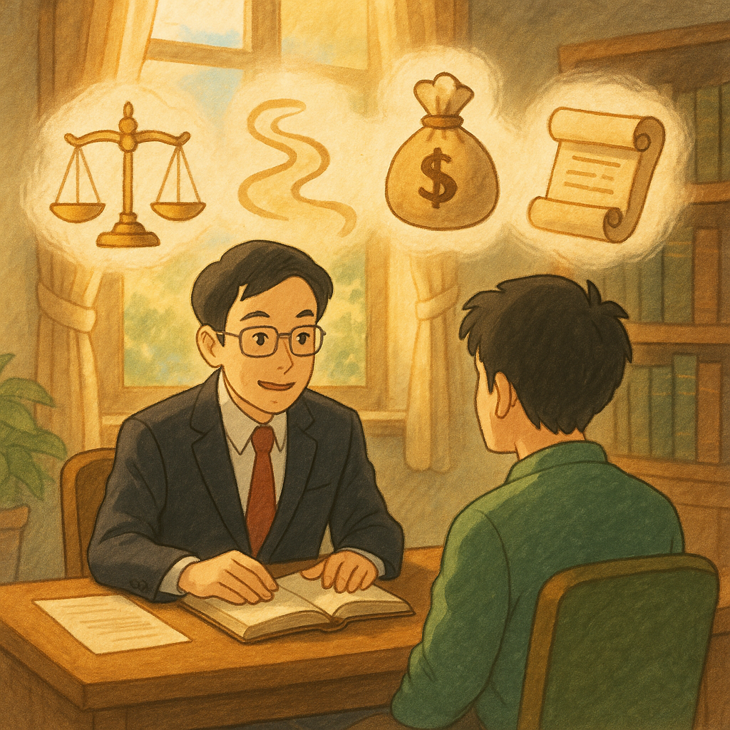 溫暖日光下的律師事務所內,一位台灣人律師與當事人對坐諮詢,桌上漂浮手繪象徵:天秤代表權利、蜿蜒路徑示流程、錢袋指涉費用、法典卷軸象徵法律依據;柔和筆觸、吉卜力式魔幻氛圍,人物表情溫和專業,無文字。