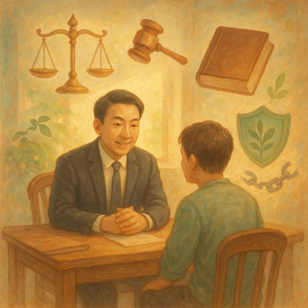 溫潤手繪場景中，台灣律師在木桌邊溫和諮詢民眾，日光灑落，電影感光影。周圍漂浮天平、法槌、無字法冊、破裂鎖鏈與綠葉盾牌，寓意毒品防制與重生；整體童話感、柔色、無文字元素。