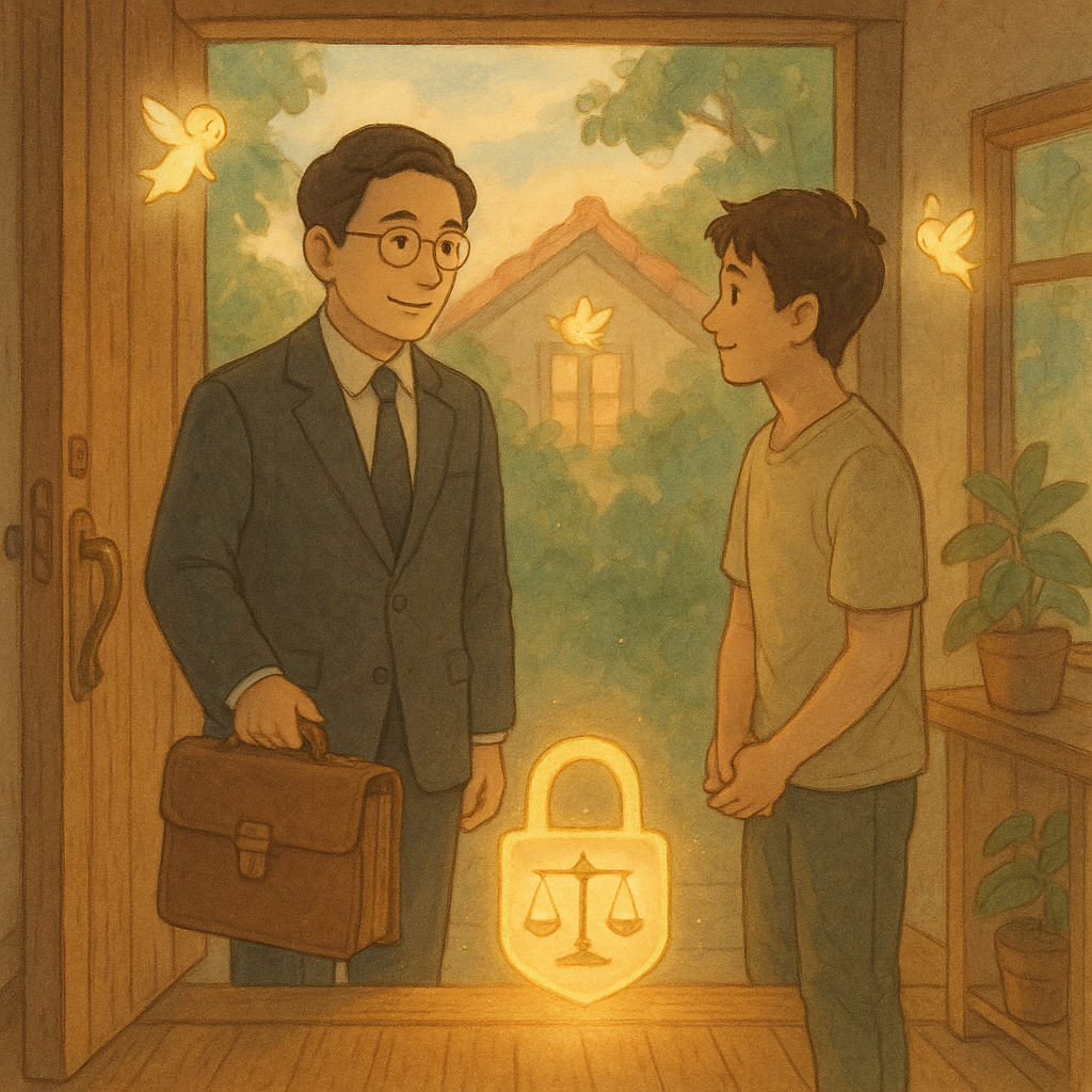 溫潤手繪動畫風、柔和色調與自然光,呈現溫暖魔幻感:台灣律師與住戶在木質玄關相談。門檻浮現發光鎖與天平,守護精靈環繞家屋,象徵侵入住宅界線與法律諮詢。畫面無文字。