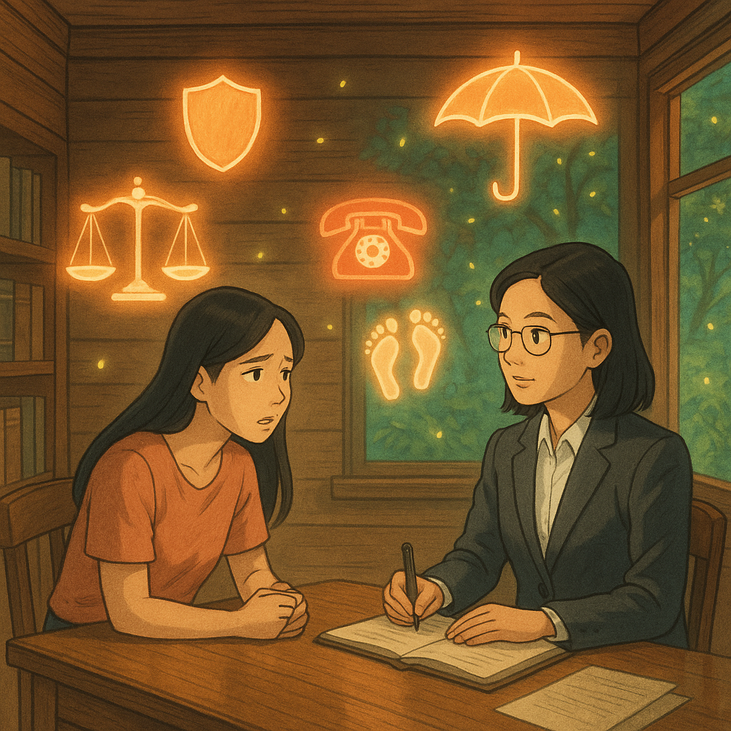 柔和光線下，台灣女性當事人與台灣專業律師在手繪木質空間對坐、表情細膩，周圍漂浮發光天平、盾牌、保護傘、熱線電話與足跡圖示；窗外綠意與螢火營造吉卜力式魔幻氛圍，象徵性騷擾案件之結論與行動建議與保護路徑。