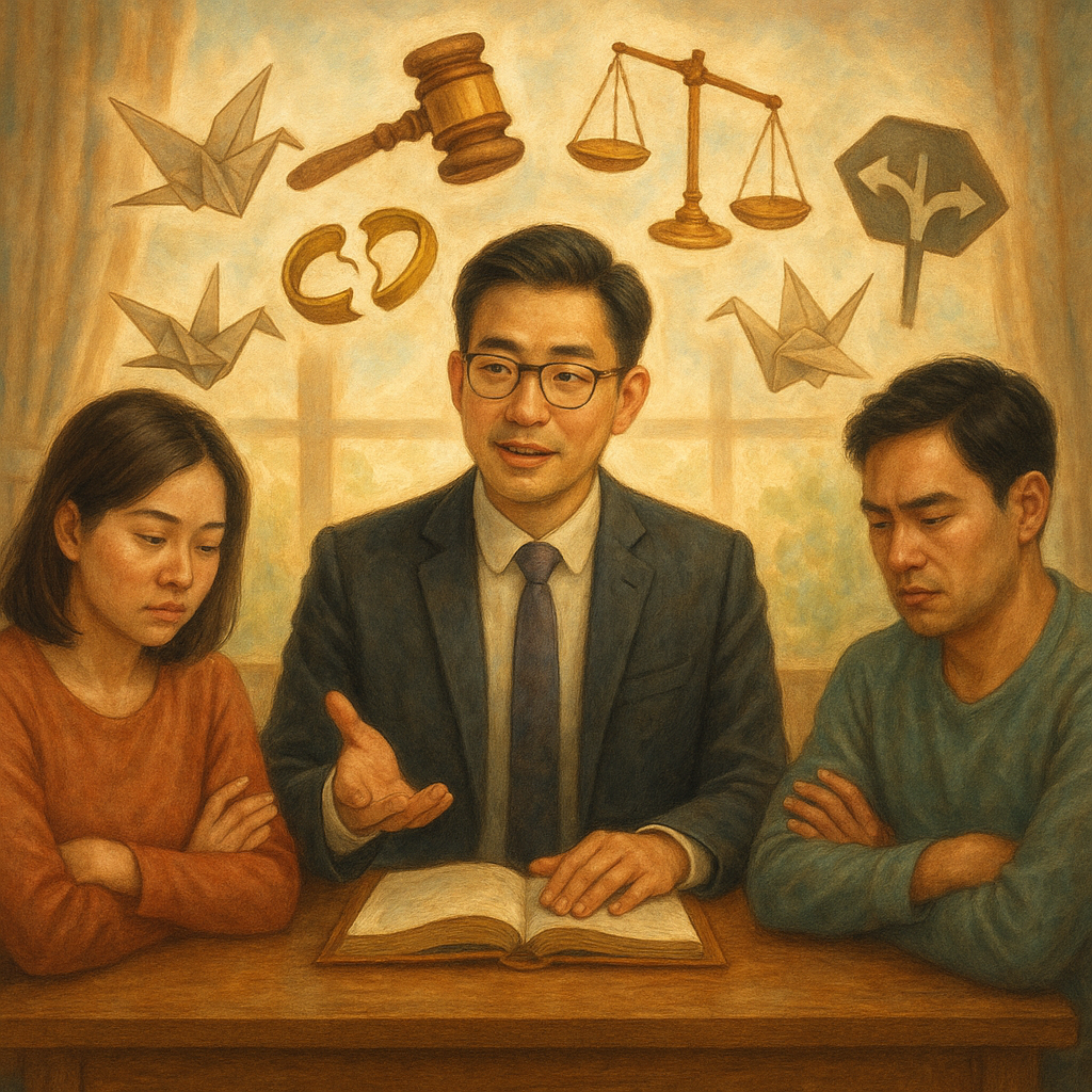 溫暖自然光下，台灣人面容的律師在木質諮詢桌前引導一對分居夫妻；空中漂浮手繪法槌、天秤、裂成兩半的婚戒與分岔道路圖示，卷宗化作紙鶴環繞，柔和色彩與細膩質感營造童話般寫實魔幻氛圍，無任何文字。