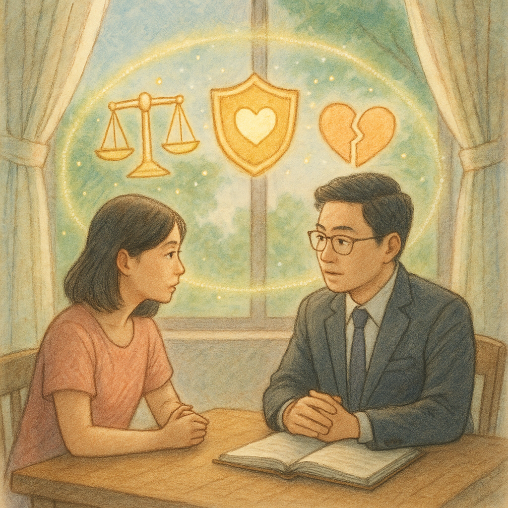 溫柔自然光下，台灣女性倚坐在木質諮商桌旁，與台灣律師低聲交流；窗外飄浮發光的天秤、盾牌與愛心碎片化作螢光，環繞形成保護圈，手繪質感與柔色營造吉卜力式詩意，象徵親密關係暴力的療癒與法律協助，畫面無文字。