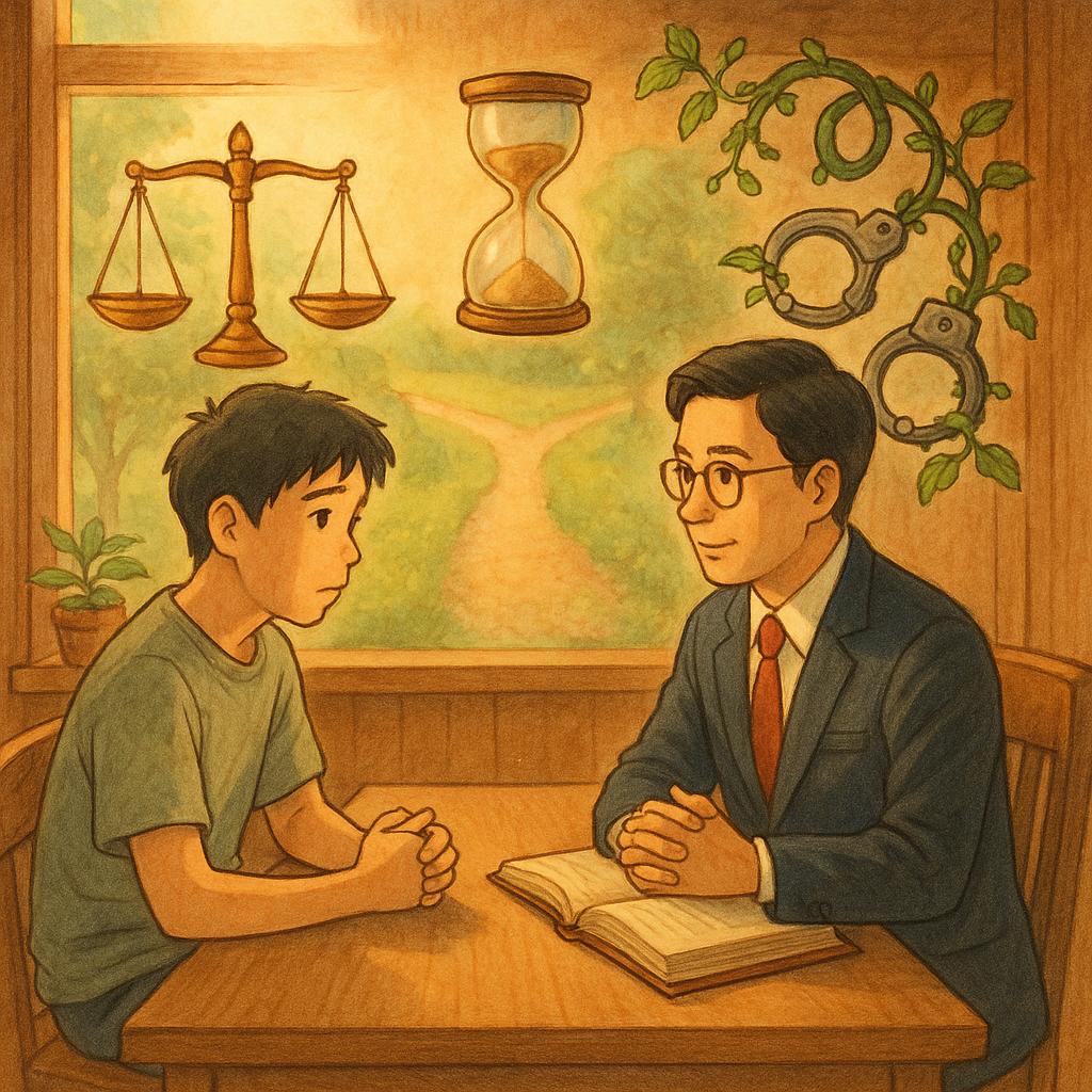 溫柔自然光下,台灣年輕人與律師在木質諮詢室對坐、表情細膩;周圍漂浮天秤、沙漏與化作藤蔓的手銬,花園小徑分岔象徵勒戒與緩起訴,吉卜力風高解析度手繪質感、魔幻暖色無字。