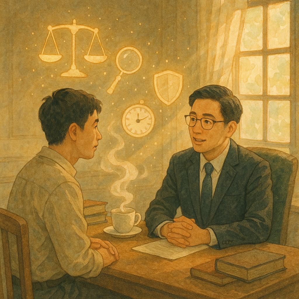 高解析的日系手繪奇幻電影感插畫：溫暖自然光灑入詢問室，台灣人面孔的律師與民眾並肩交談；柔和色調與細膩筆觸，茶杯蒸氣與飛舞光點化作天秤、放大鏡、時鐘與盾牌，象徵陪偵與解惑的守護。