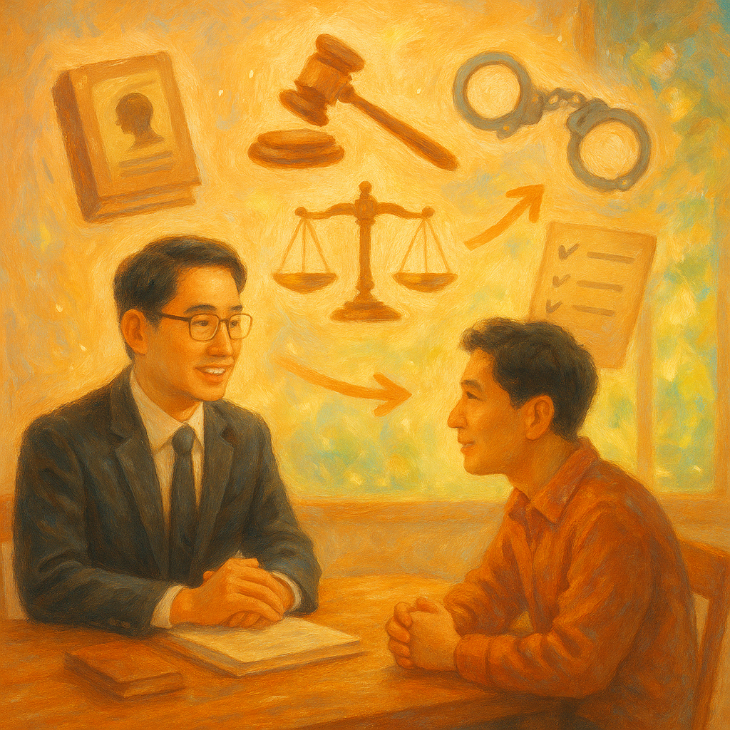 柔光下，台灣律師與當事人對坐於木質桌旁，暖色筆觸與手繪紋理流動。桌面與空中漂浮象徵：拘提令卷宗、法槌、手銬、天秤、清單與行動路徑箭頭。窗外綠意與微風粒子營造童趣電影感，角色表情專業而溫暖，無文字。