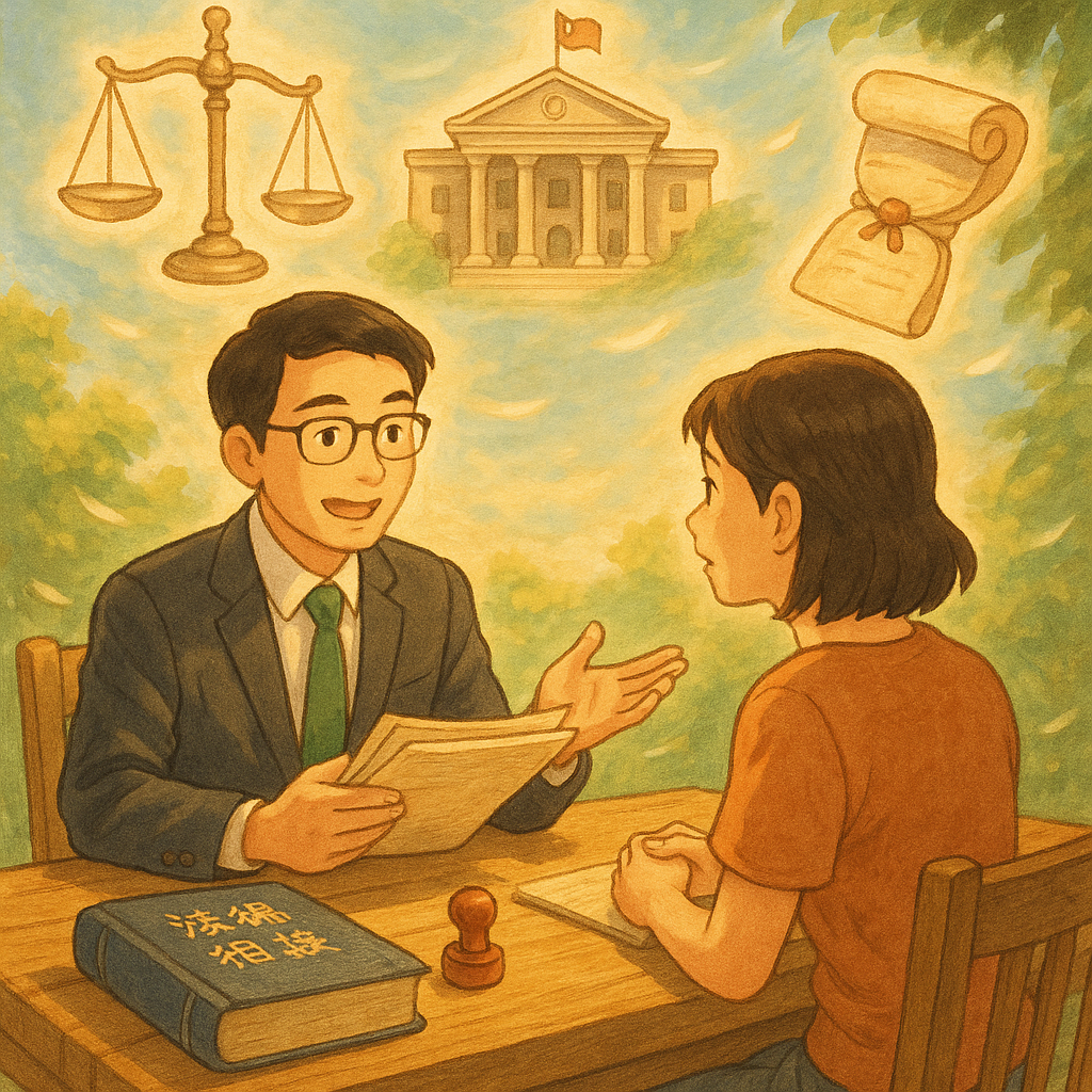 吉卜力風格的暖色場景：台灣律師與民眾在陽光木桌前諮詢，手繪天秤、政府建築與卷宗、印章、沙漏化作柔光漂浮；自然微風拂過，象徵申請國賠流程清晰與守護。