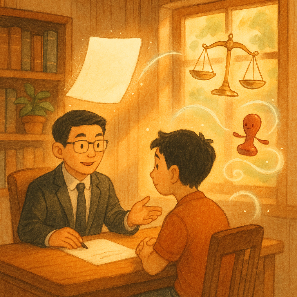 暖色自然光下，台灣人律師與民眾在木質事務所諮詢；桌上漂浮的空白文書、模糊發光的簽名影、天平與印章化作精靈盤旋，細膩手繪質感、童趣電影感，無文字。