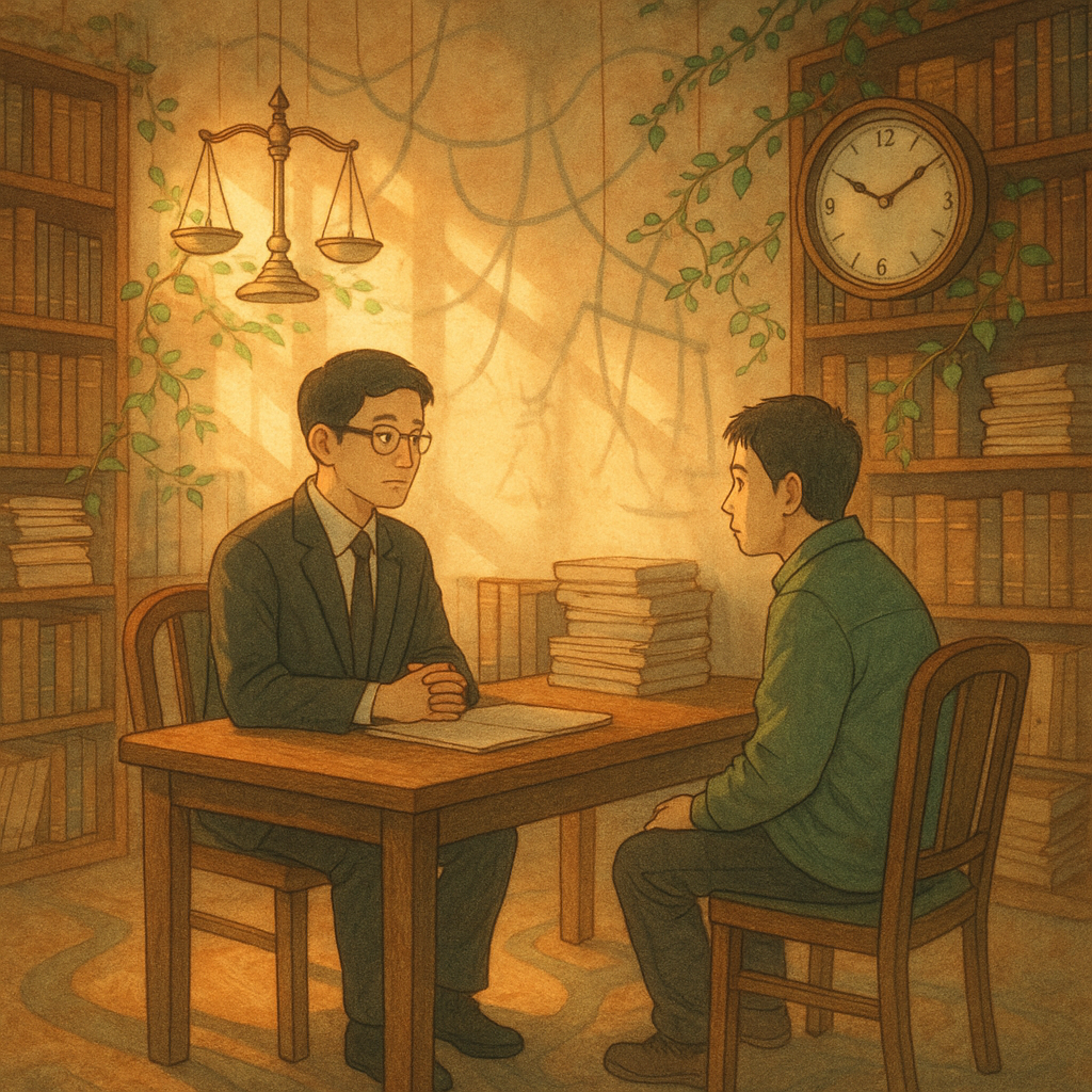 暖色自然光中，台灣律師與當事人對坐，木質書牆與卷宗環繞，周遭漂浮天秤、時鐘與延展藤蔓，地面分岔小徑象徵爭議與風險；牆面投下若隱若現的操線陰影暗喻強制罪，吉卜力式手繪質感、柔和色彩、魔幻氛圍，無文字。