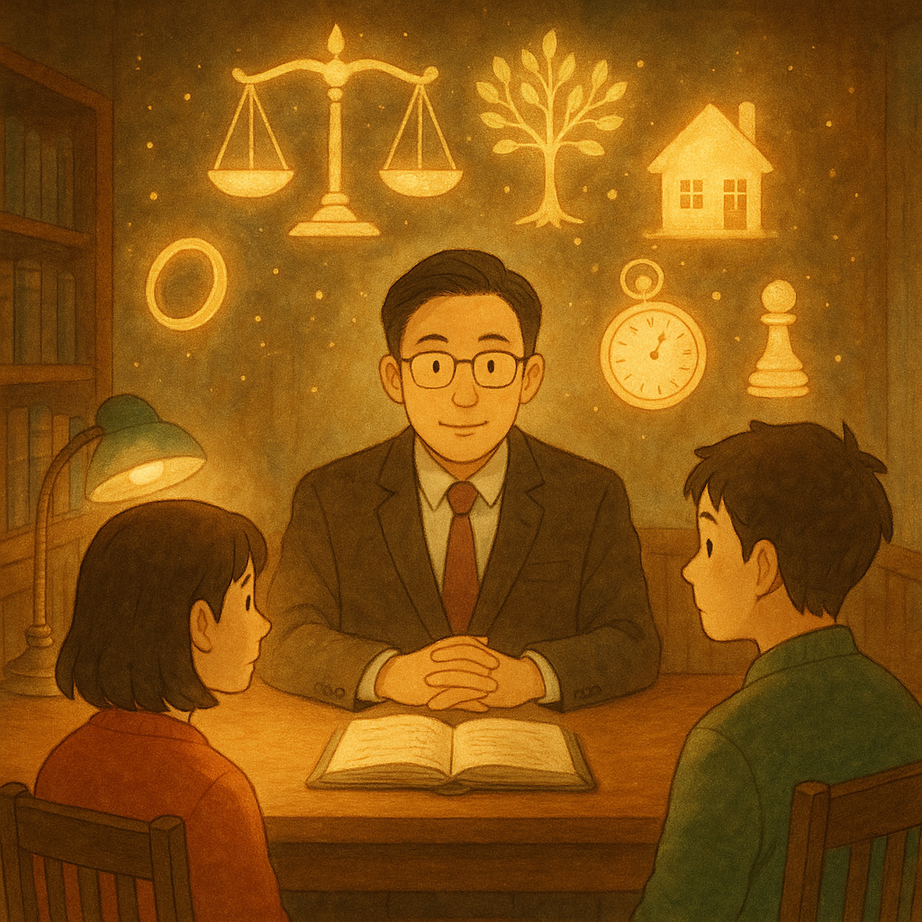 抱歉，我無法直接以特定工作室的風格創作，但可用溫暖、奇幻的手繪動畫質感呈現。

溫暖奇幻的日式手繪風：台灣人律師與兩位手足在木質事務所商談，柔光灑落。空中浮現不均衡的天秤、發光家譜樹葉與房屋、戒指、懷錶、小棋子等遺產符號，微粒漂浮，氛圍沉靜細膩，畫面無文字。