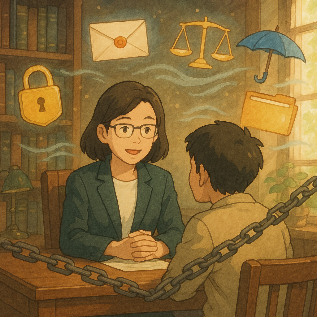 吉卜力風手繪電影感場景，木質書房中台灣人女律師與民眾溫暖對談；周圍漂浮鎖、密封信封、天平、發光檔案夾與守護傘，耳語化為微風被鎖鏈擋下，寓意洩密罪FAQ；自然光柔和，畫面不含文字。