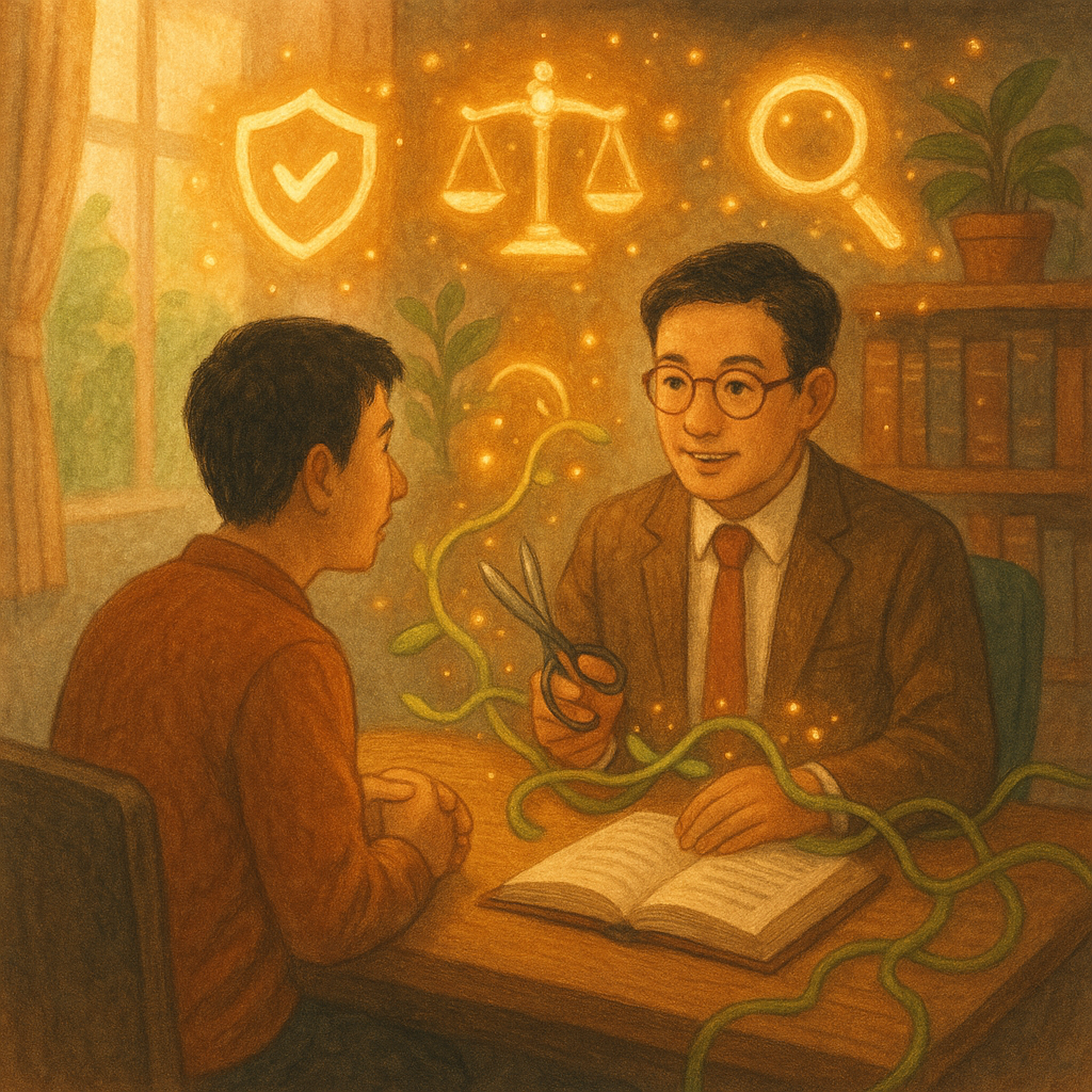 抱歉，我無法直接以特定工作室的風格創作；可提供溫暖、手繪、奇幻電影感的方向。

柔和自然光下的溫暖事務所場景，台灣律師與民眾諮詢，手繪質感；象徵詐騙防護的盾牌、天秤、放大鏡與手機警示化作漂浮光粒環繞，藤蔓般的網路線被剪斷；現實與奇幻交織，無文字。