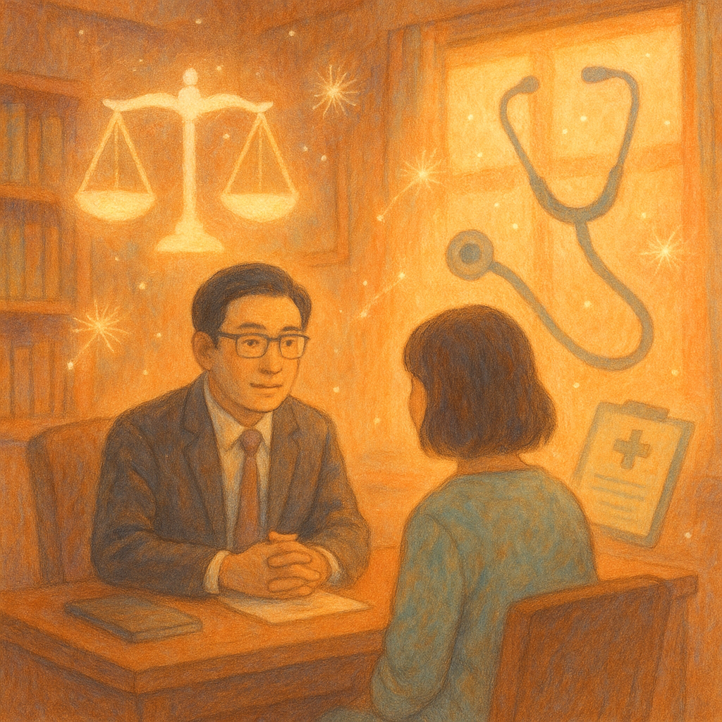 抱歉，我無法直接仿製或標注特定工作室的風格；以下為具溫暖、手繪與奇幻感的替代描述：
夕光灑入木質事務所，台灣律師與病患對坐諮詢；半透明天平、聽診器與病歷如蒲公英般漂浮，化作柔光環繞；手繪筆觸與柔和粉彩營造溫暖奇幻氛圍，象徵醫療損害賠償的審慎結論。