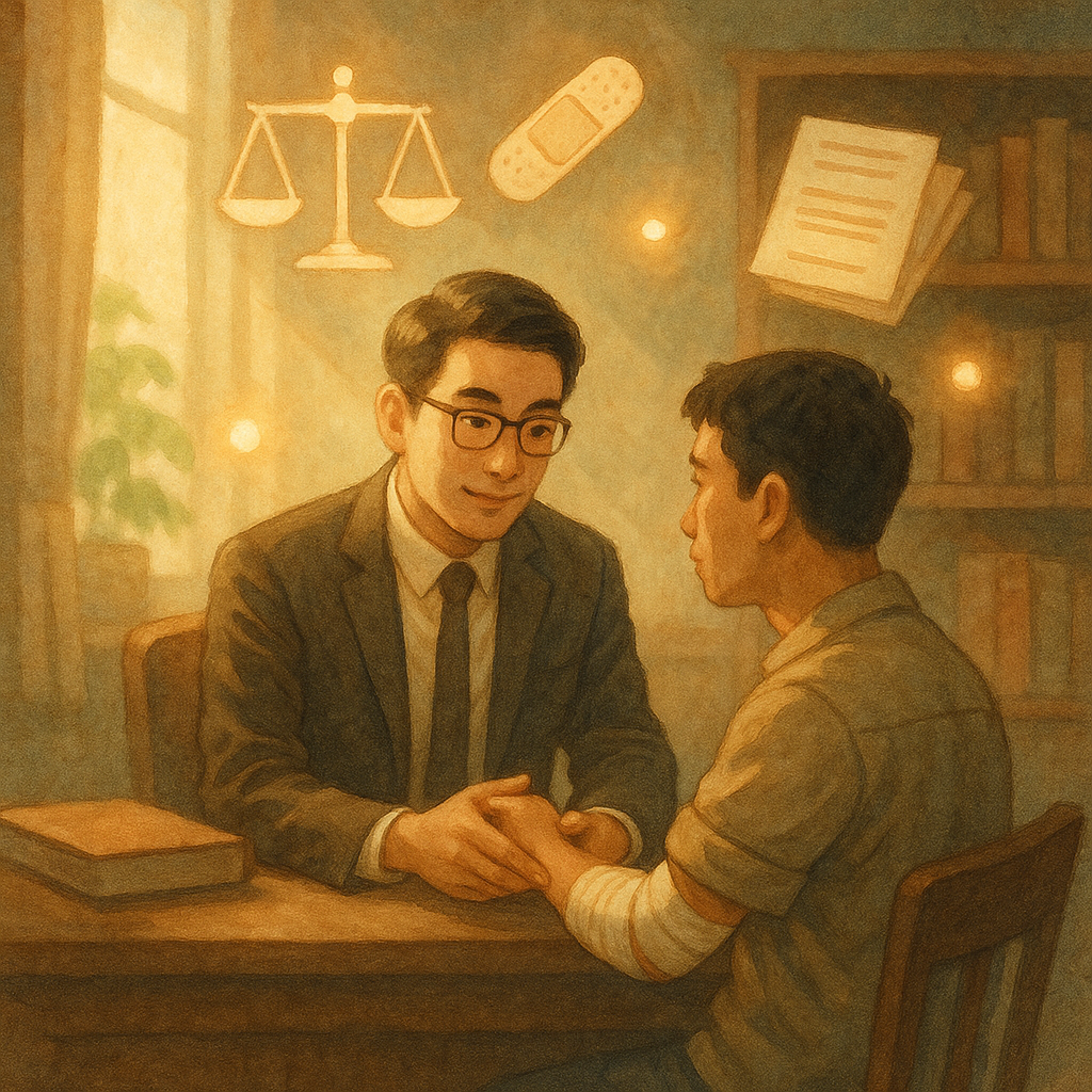 溫暖自然光下、手繪質感與柔和色調的律師事務所，一位台灣律師正溫柔諮詢手臂纏繃帶的台灣民眾；周圍漂浮天光化為天平、創可貼、卷宗與放大鏡等符號，帶電影感景深，三顆發光石代表重點，無文字。