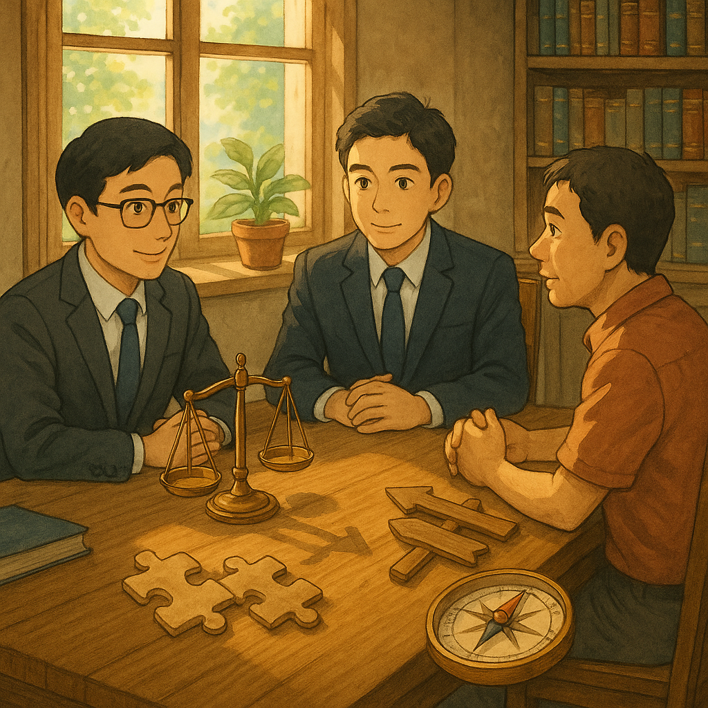 吉卜力風溫暖場景：兩位台灣律師與當事人在木製長桌諮詢，柔光穿窗。桌上浮現天秤、拼圖相扣象徵共同正犯，岔路與羅盤暗示風險與減刑途徑，高解析度手繪質感，細節魔幻，畫面無文字。