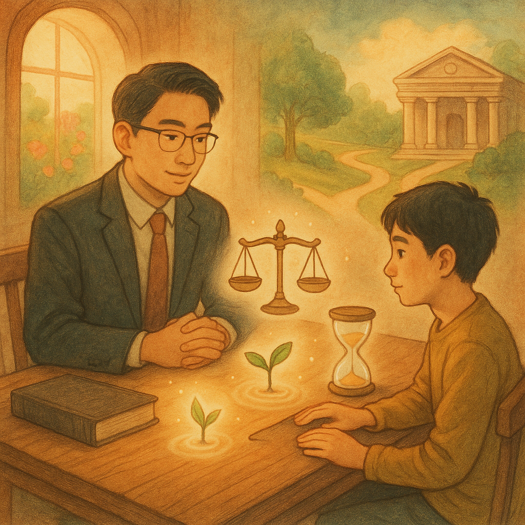 暖色自然光下，台灣人律師與當事人於木質諮詢桌對坐，手繪質感的奇幻動畫風、柔和色調、電影感構圖；桌面漂浮天秤、發芽苗木與柔光沙漏等象徵，分岔小徑通往療癒花園與溫柔法院庭堂，寓意勒戒與緩起訴，無文字。
