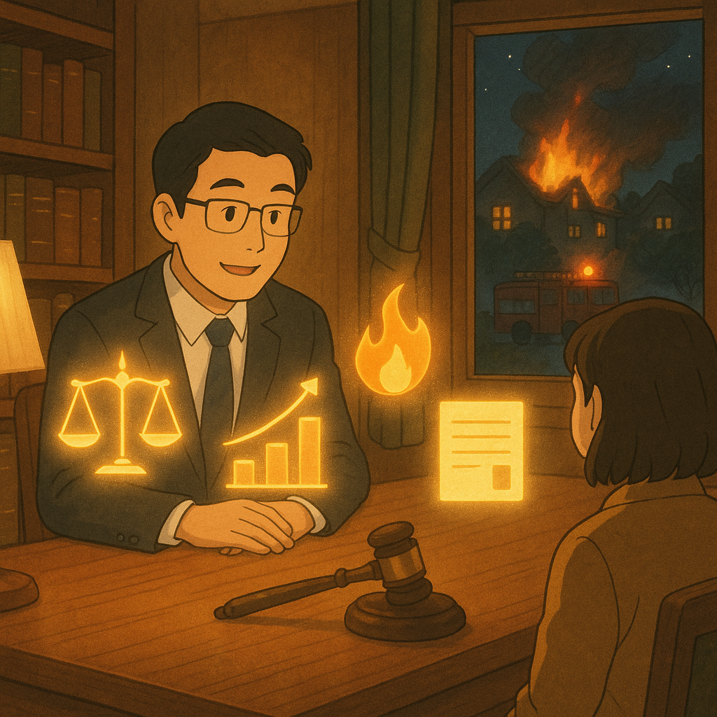 吉卜力風溫暖場景：台灣人律師在木質事務所與當事人諮詢，窗外夜色中遠處屋舍縱火意象與消防車剪影。桌上天平、法槌、火焰圖示與無字圖表飄浮，如精靈般發光，柔和自然光與手繪質感呈現趨勢、適用與爭點。