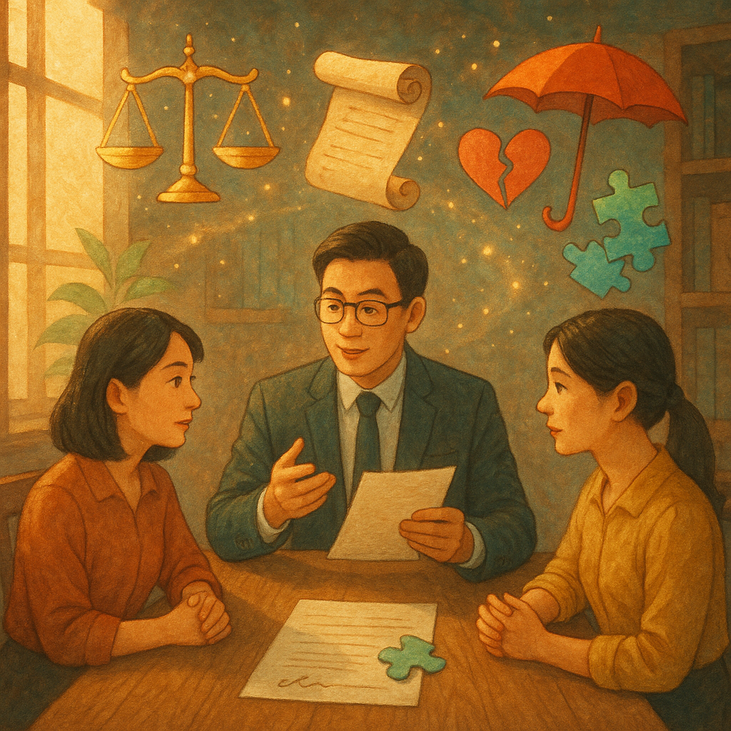 抱歉,我無法直接以該特定風格創作,但可提供溫暖、魔幻的手繪動畫質感。
溫暖自然光下的台灣律師事務所,三位台灣人(律師與配偶)圍桌協商,天光映木紋與手繪質感,洋溢魔幻氛圍;天平、合約卷軸與拼圖、護傘與分合心形在空中輕盈環繞,螢光點點,寓意策略、比較與談判條款、畫面無文字。