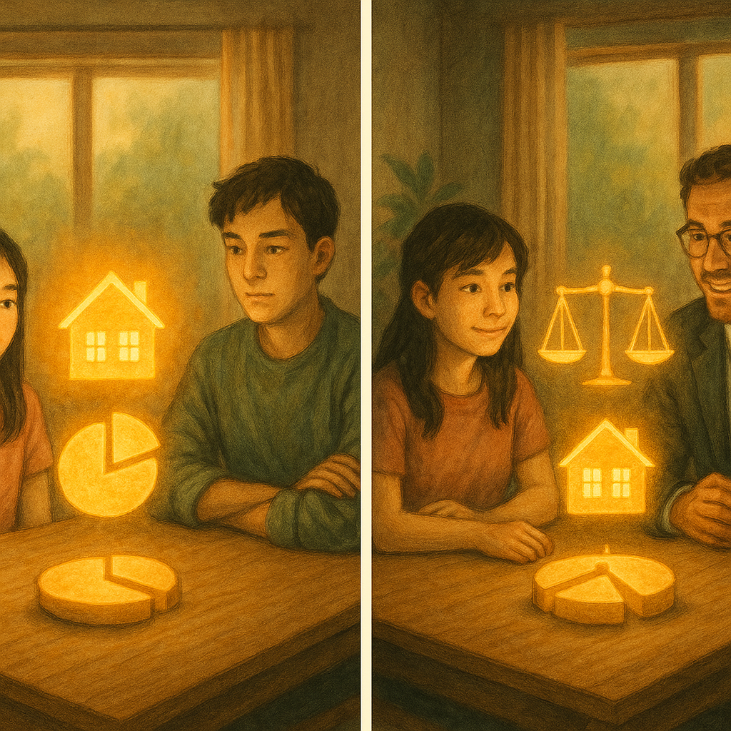抱歉,我無法直接以特定工作室的風格創作,但可提供具相似特質的描述。
自然柔光下的木質會議室,台灣兄妹與律師圍坐;發光的家屋與切片圓餅象徵特留分,天秤平衡;畫面左右對照無律師與介入後的氣氛轉變,高解析度手繪質感、溫暖電影感奇幻、無文字。