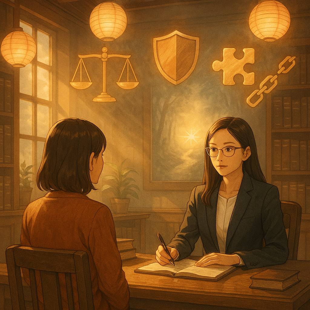 溫暖奇幻的日系細膩手繪電影感：陽光灑入木質法律諮詢室，台灣人女律師與當事人對坐，神情專業。空中浮現天平、盾牌、拼圖與解開的鎖鏈，象徵構成要件與性自主。五盞紙燈驅散薄霧，指向發光小徑與羅盤；畫面無文字。