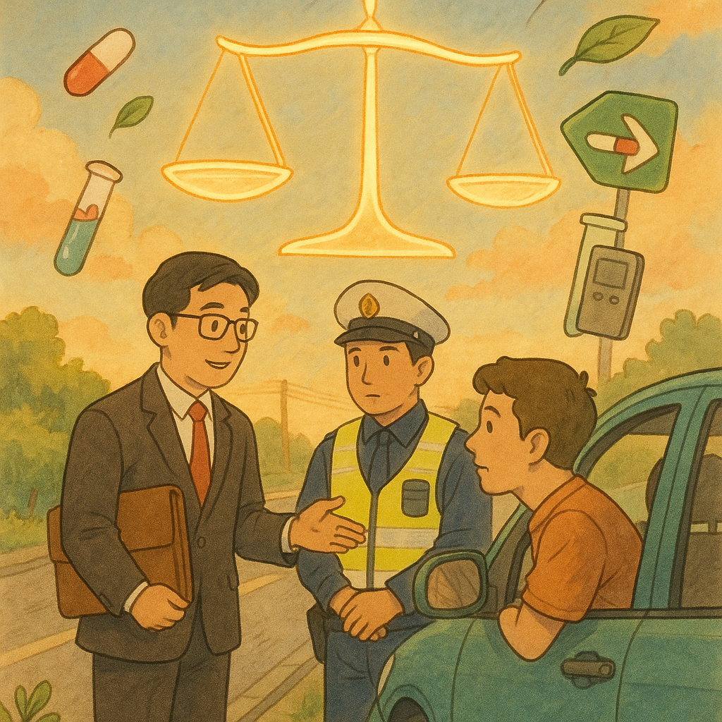 吉卜力風格的溫暖場景：台灣人律師與交警在路邊與駕駛諮詢，柔光下，車軌化作天秤；漂浮的藥丸與葉片變為路標、試管與檢測器環繞，象徵毒駕與藥駕的實務操作與影響，手繪質感、柔和色調、無文字。