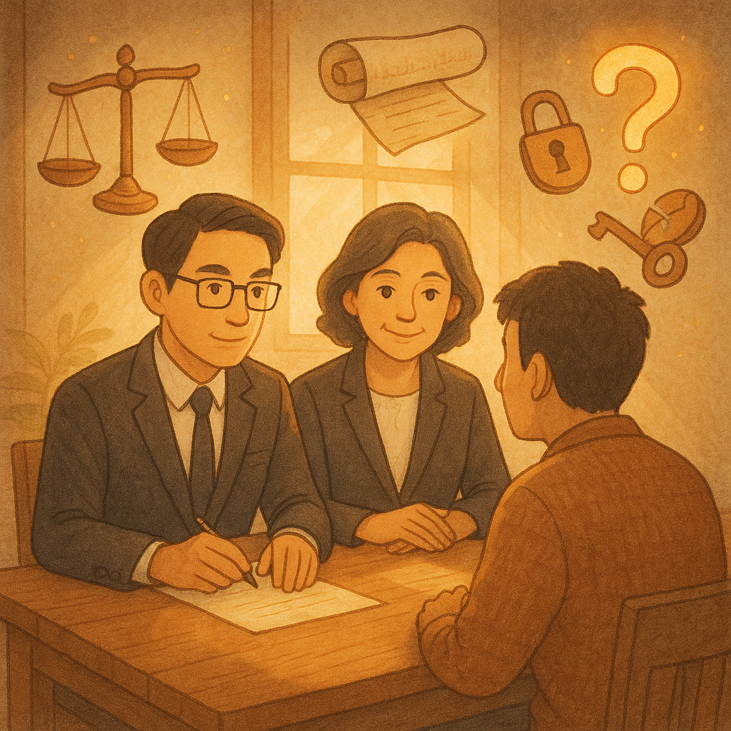 溫暖奇幻手繪動畫風格下，兩位台灣人律師與民眾於木桌諮詢，表情專業溫和，晨光自然灑入；周遭漂浮天秤、公文卷、鎖與鑰匙、發光問號與碎裂硬幣，象徵背信罪常見疑問，質感細膩無文字。