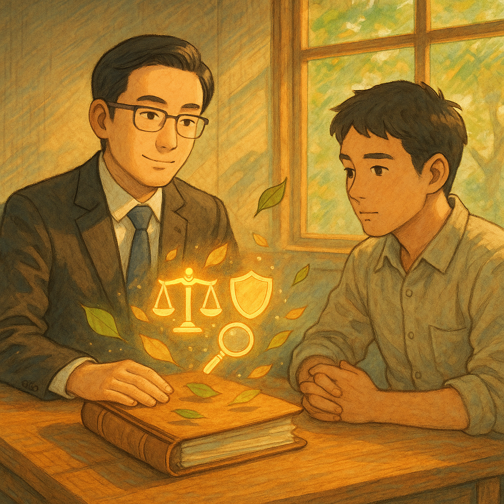 暖光灑入偵訊室，台灣律師在客戶身旁安定陪同，兩人神情專注溫和；木質桌上漂浮成葉片的卷宗與發光天秤、盾牌與放大鏡符號輕柔盤旋，窗外綠意與微風化作手繪紋理，營造宛如吉卜力的溫柔奇幻，傳遞專業與守護。