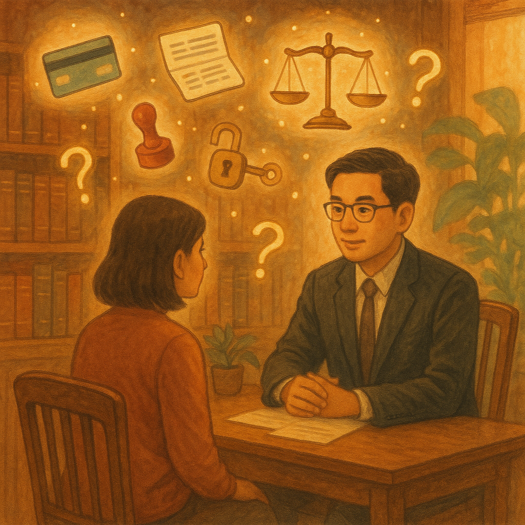 暖色手繪律所內景,台灣律師與民眾溫和諮詢;木質書架與綠植間瀰漫柔光。空中漂浮象徵物:銀行卡、存摺、印章、天秤、鎖與鑰匙、問號圖示,微光環繞,寓意借帳戶風險與FAQ解答。無文字,吉卜力式奇幻寫實。