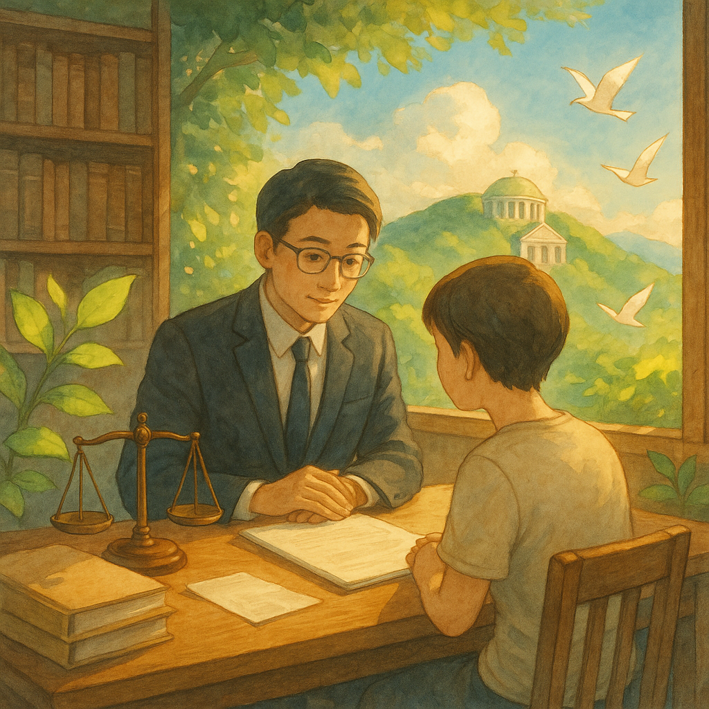 吉卜力式溫暖光影下,台灣律師與民眾於木質書桌諮詢,天平、檔案與發光葉片環繞;遠處綠意法院化作山丘與雲;微風吹起文件化鳥,象徵申請國賠的希望與結論;手繪質感、柔色高解析,畫面無文字。