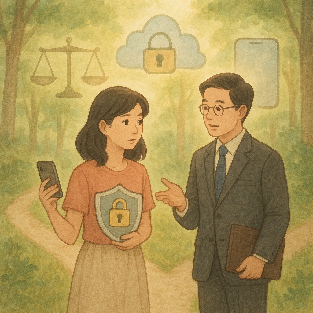 柔和吉卜力風格、柔色調手繪質感：台灣女子在分岔小徑前，一側握手機與鎖形光盾自助，另一側與台灣律師對談；天秤、雲端鎖與朦朧手機象徵私密影像保護，森林光暈溫暖無字。