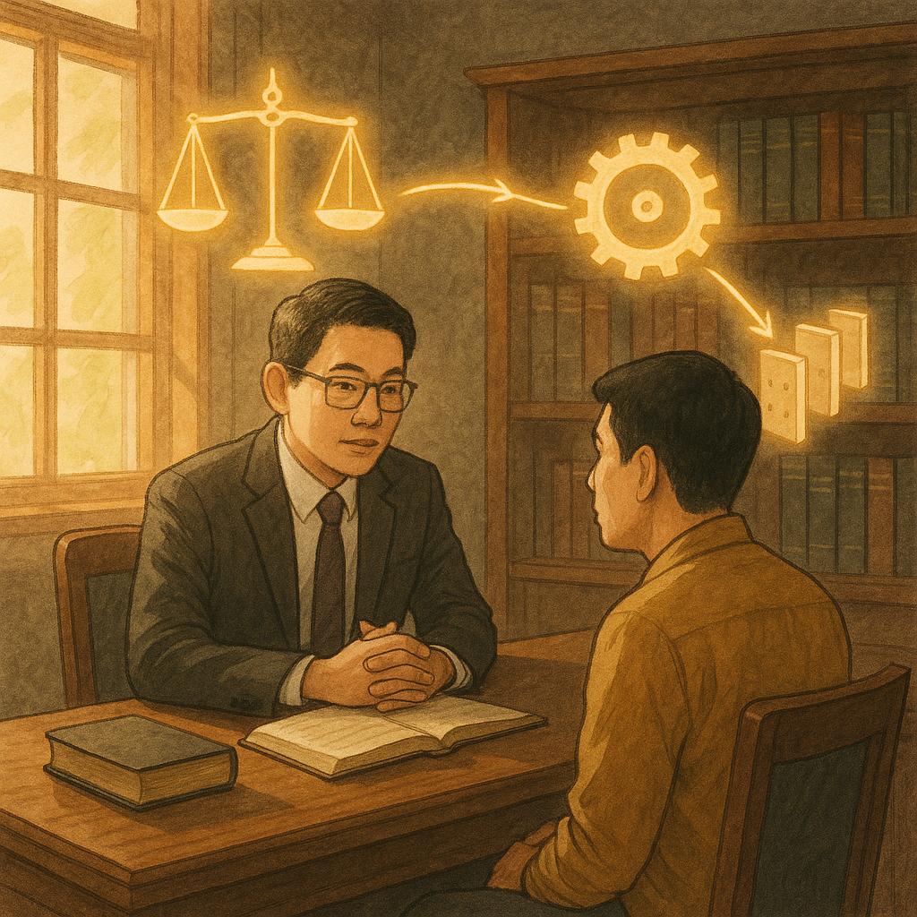 溫暖奇幻、手繪質感的高解析插畫：木質律師事務所內、自然光灑落，一位專業台灣律師與台灣當事人諮詢。漂浮的天平、齒輪與多米諾由光線串連成因果鏈，象徵分析與結論。柔色氛圍，寫實與幻想平衡；畫面無文字。