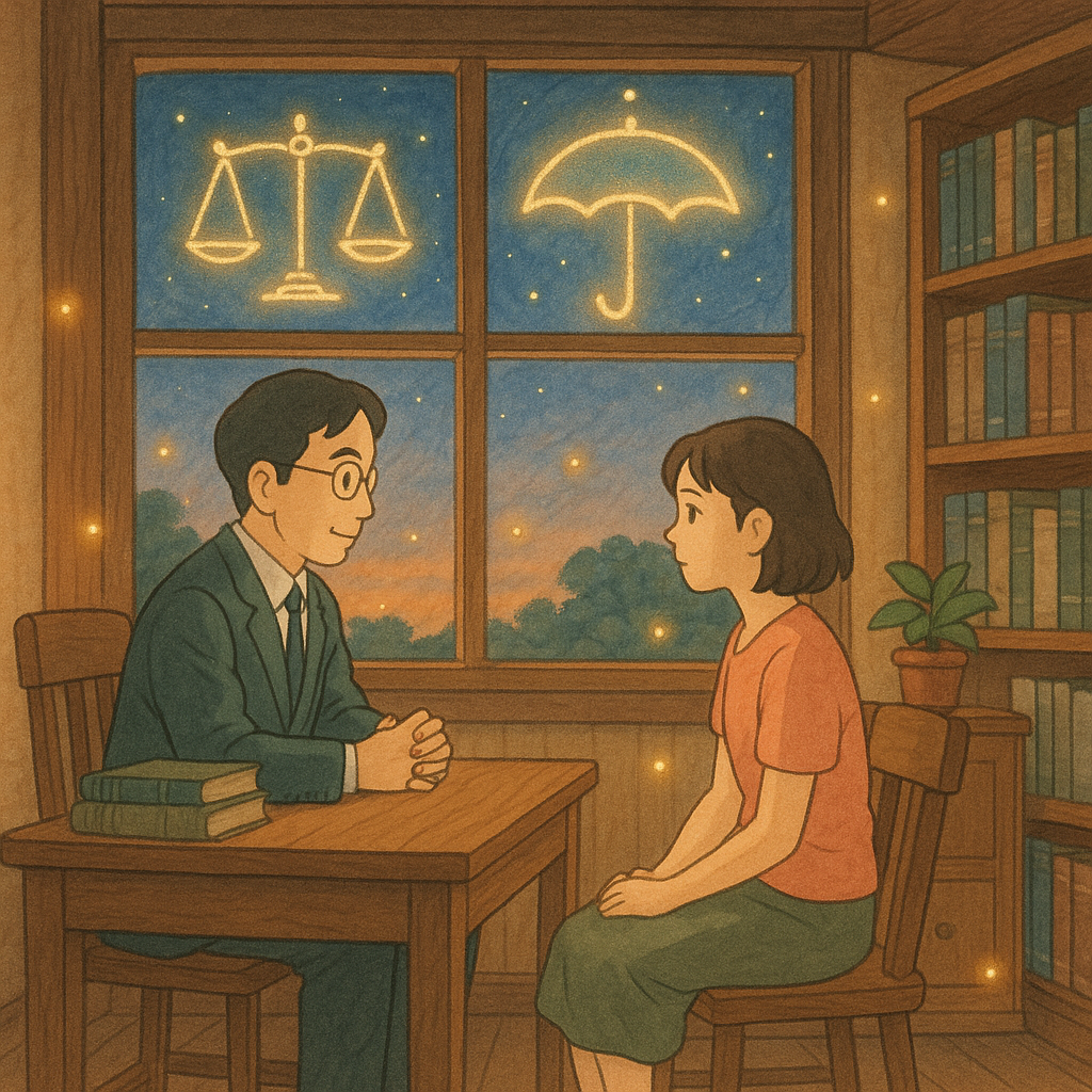 吉卜力風格插畫，柔和色調、自然光、手繪質感：溫暖木質事務所內，台灣律師與民眾對談，窗外暮光與螢火環繞。天上化作星座的天秤與守護傘光暈，象徵妨害性自主的法律協助與行動指引，無文字。