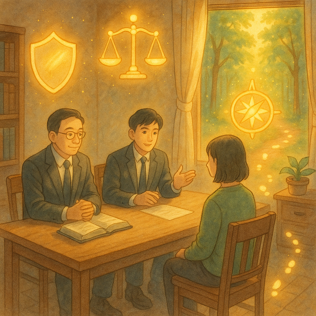 暖陽灑入木質事務所,兩位台灣人律師與當事人對坐;周圍漂浮象徵正當防衛的盾牌、天秤與羅盤,化作柔光指引前路。光點連成通往林間小徑的腳印,吉卜力式手繪質感與柔色營造溫暖、奇幻而專業的相談氛圍。