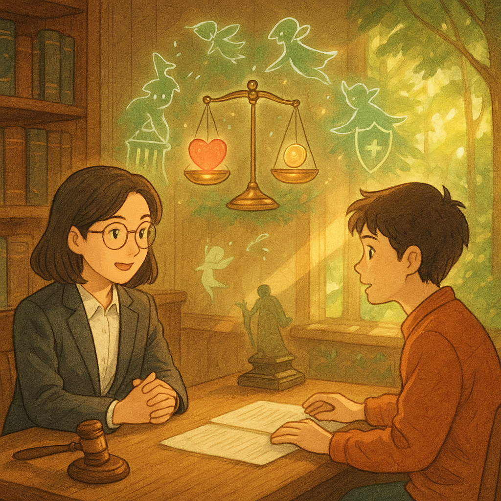 溫暖吉卜力風，高解析插畫：台灣律師與當事人在木質事務所對談，柔光灑落。天平上心與硬幣微光漂浮，法槌、法院剪影與守護盾幻化為林間精靈，象徵精神賠償求償；手繪質感、無文字。