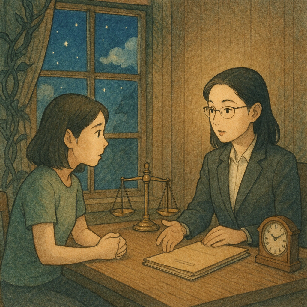 吉卜力式溫暖淡彩手繪插畫：夜色柔光下，台灣女性當事人與專業律師在木質諮商室對談，神情細膩。窗外星火與綿雲化作守護光，窗邊淡陰影如糾結藤蔓。桌上天秤、檔案與鐘錶象徵法律與時間。氛圍魔幻而寫實，無文字。