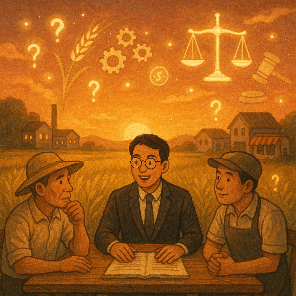 黃昏田園與小鎮工廠相連的場景中，台灣人律師與農民、店主在木桌諮詢；柔光拂過稻穗與齒輪、硬幣、貨車等發光符號，天秤與法槌漂浮守護作物，疑問形光點環繞，手繪質感溫暖奇幻、無文字。