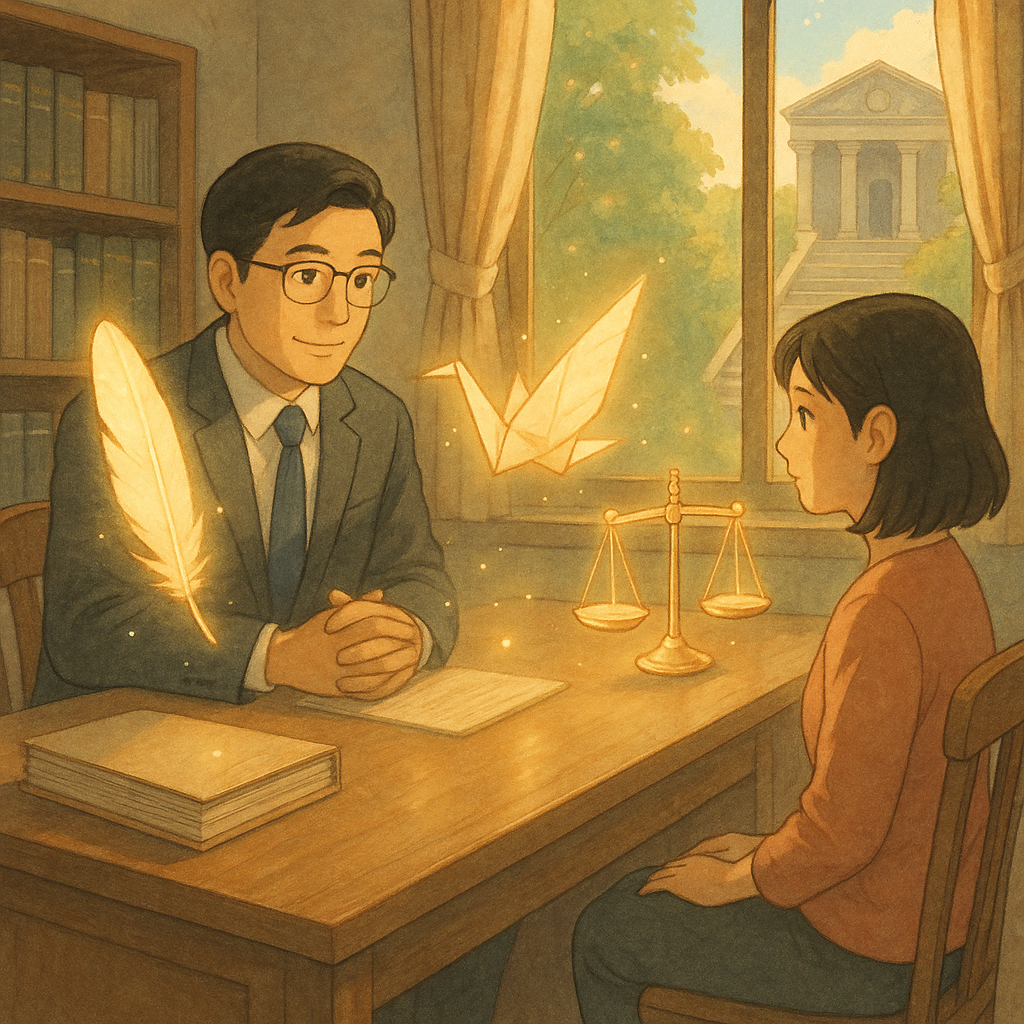 吉卜力風柔和光影下，台灣律師與當事人在溫暖事務所對坐，桌上證物與卷宗化作發光羽毛、紙鶴與天平緩緩漂浮，窗外自然光灑落，手繪質感細膩；遠處階梯通向法院剪影，象徵申訴與精神損害求償。
