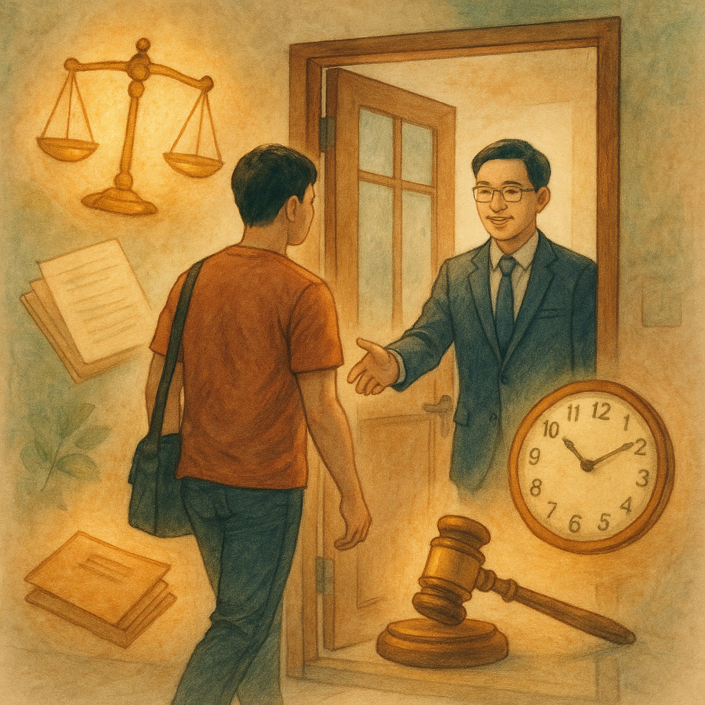 抱歉，我無法直接模仿特定工作室的風格；以下提供相近氛圍的圖像描述：
柔和自然光下，台灣當事人走向律師事務所門口自首諮詢，一位台灣律師在門內伸手迎接；天平與法槌化作溫暖光影環繞，案卷與時鐘漂浮象徵時效與爭議，手繪質感、無文字、寫實與奇幻交織。