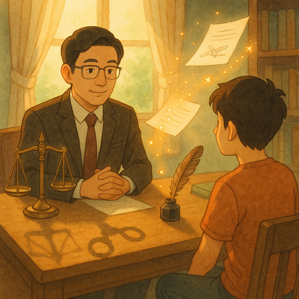 溫暖奇幻的手繪動畫風,高解析,柔和色彩、自然光與手繪質感。台灣律師在木桌前諮詢台灣年輕當事人,柔光灑入;天平、羽毛筆投射成手銬影子,飄浮文件化作光點指向正途,象徵偽造簽名風險與行動建議。畫面無文字。