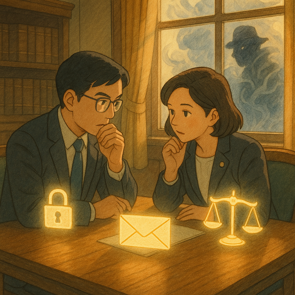 吉卜力風手繪感高解析插畫,柔光中,兩位台灣律師在木質會議室低聲討論,桌上漂浮鎖頭、信封與天秤等發光符號,窗外躲藏的影子化為煙霧,被透明屏障阻擋;暖色自然光與細膩紋理營造童話般法律諮詢氛圍,畫面無文字。